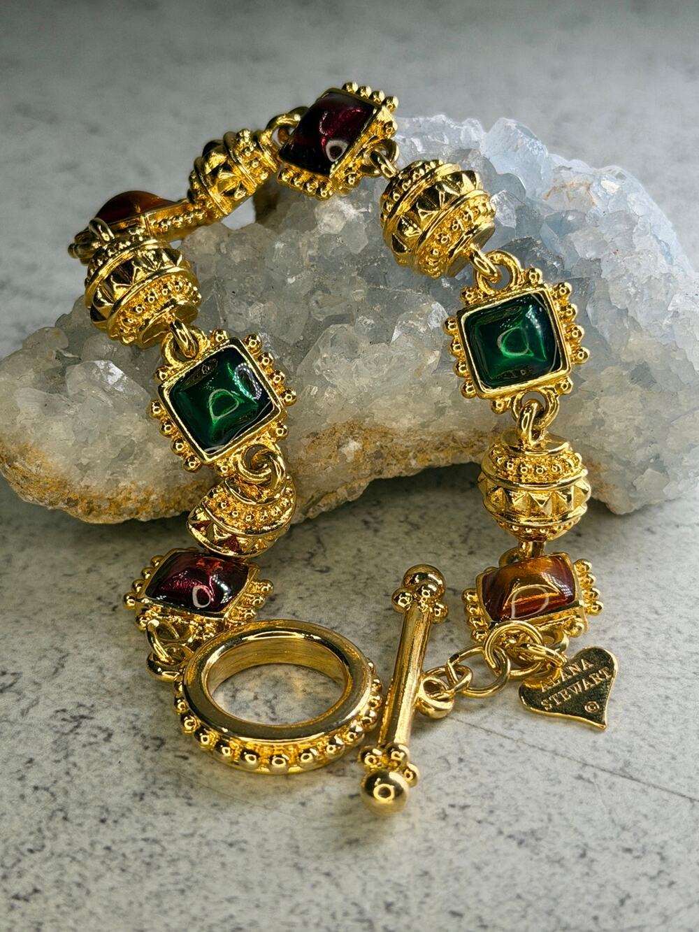 Vintage Alana Stewart Multicolor Jewel Tone Toggle Bracelet gold tone 80s